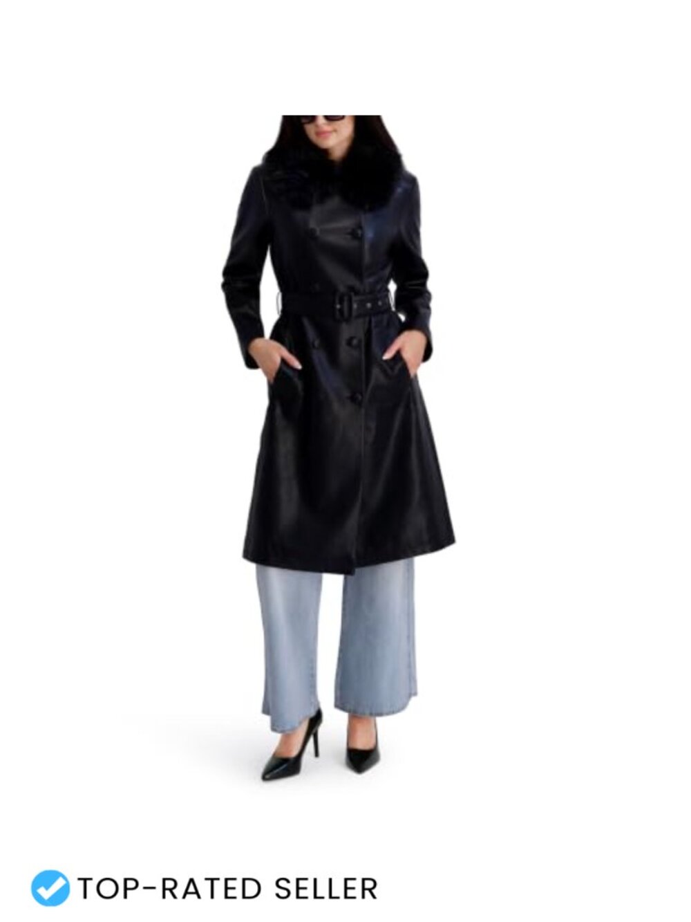 Faux Leather Faux Fur Belted Trench Coat Notched Collar